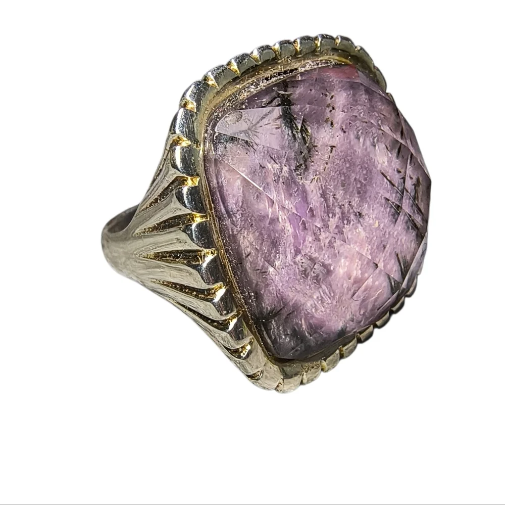 Vintage Very Large Charoite, Clear Quartz And Sterling Silver Doublet Ring
